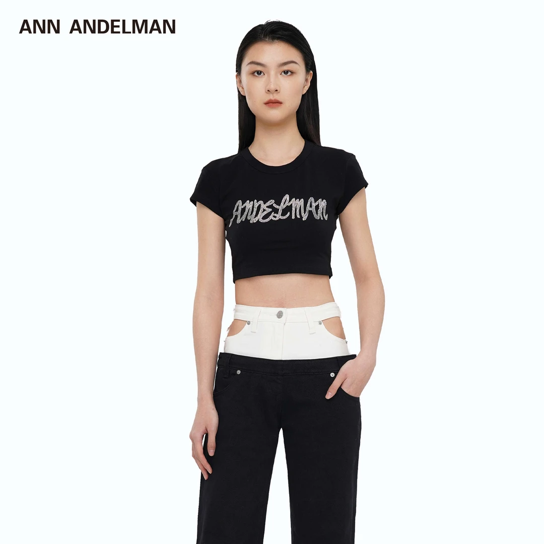 【宋雨琦同款】ANN ANDELMAN春夏新款修身露腰短款满天星水钻短袖