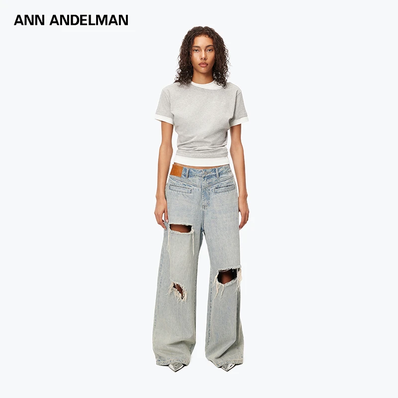 ANN ANDELMAN【BANJOUR专属】阔腿长裤破洞毛边宽松牛仔裤女装裤子