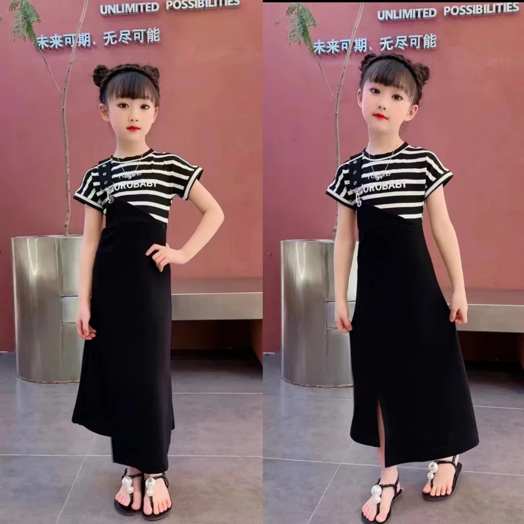 假两件拼接条纹t恤休闲连衣裙女童夏装设计款修身显瘦开叉中长裙