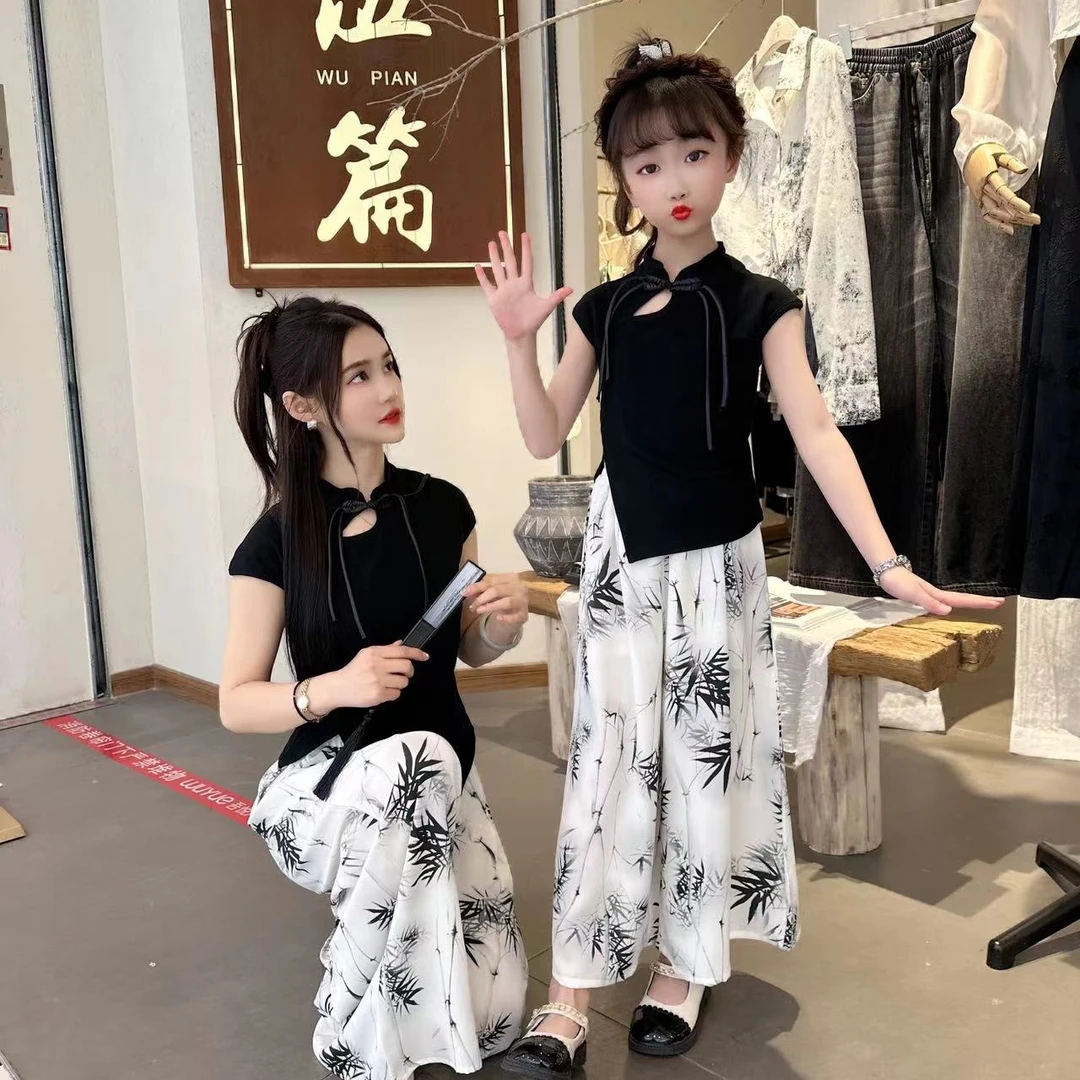 2025新中式竹叶套装时尚洋气阔腿裤夏季亲子中国风女童大童网红