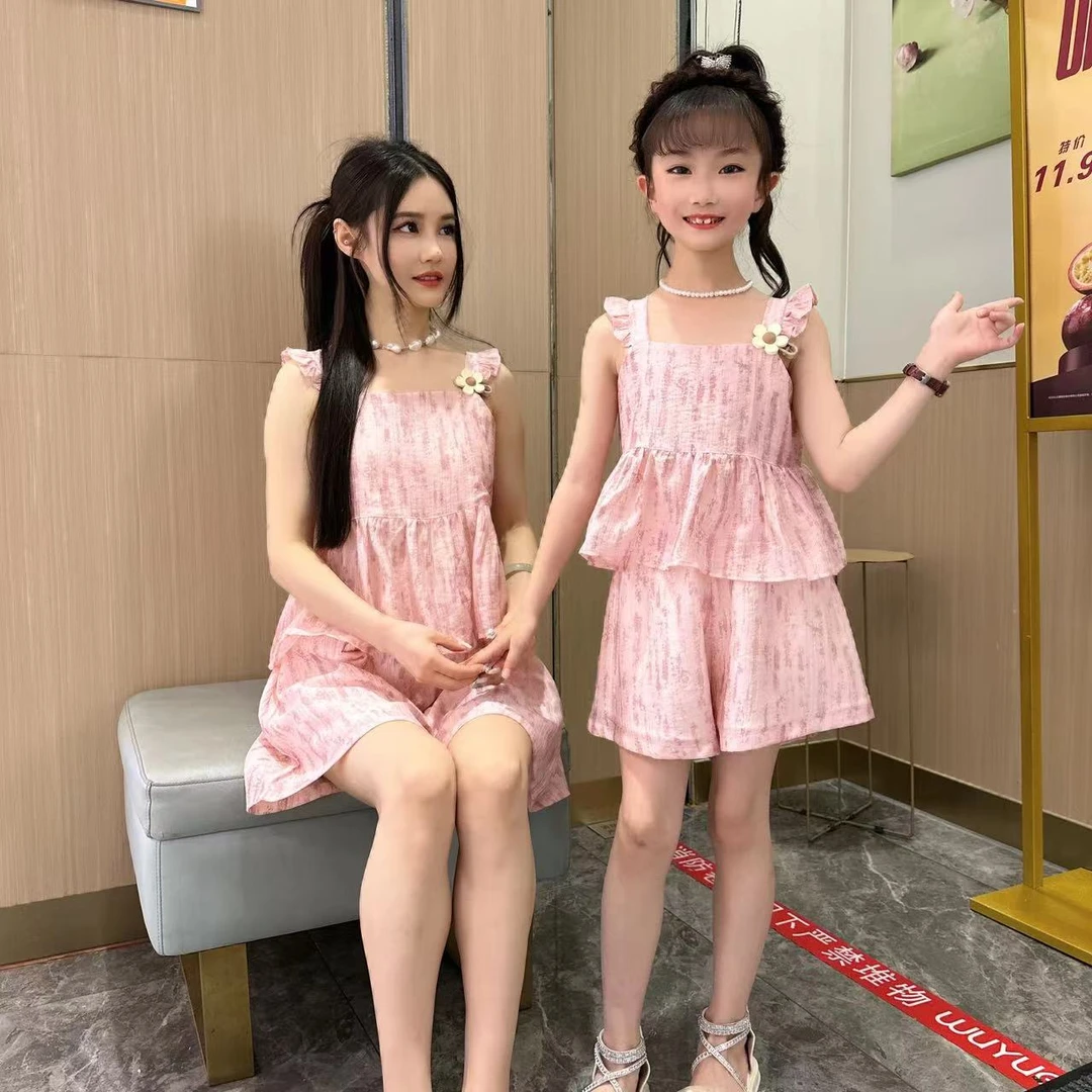 2024小清新花朵飞飞袖小吊带套装短裤两件套夏季韩版甜美女童大童