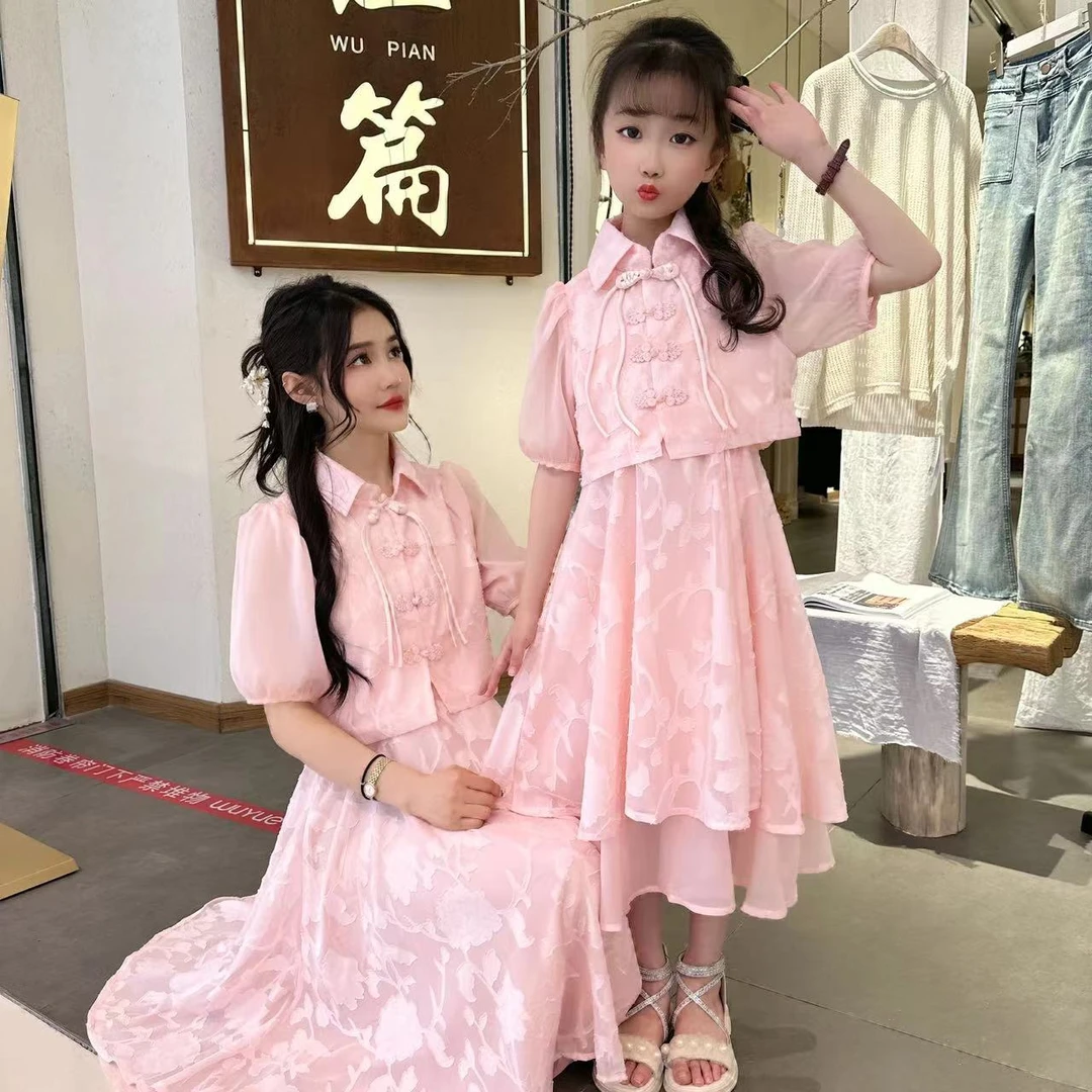 {桃之夭夭}提花盘扣亲子连衣裙洋气亲子母女装中国风复古夏季
