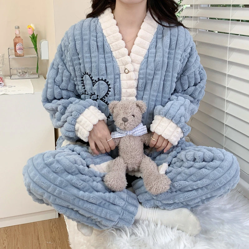【法兰绒】秋冬月子服加厚法兰绒产后哺乳喂奶衣法兰绒家居服套装