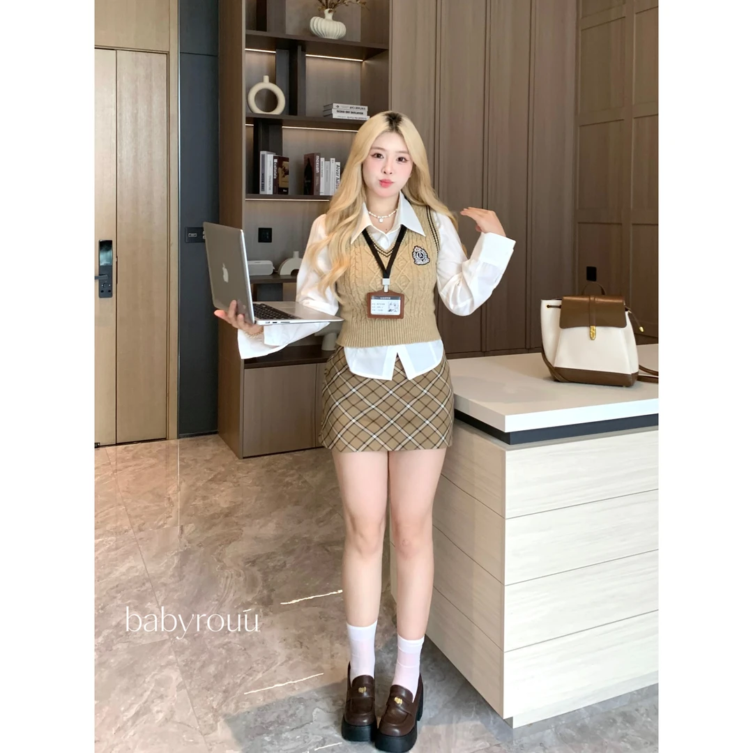 baby rouuQGX麦866063【美高学姐-上衣】学院风衬衫马甲半裙二件套