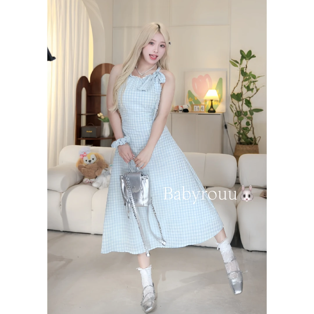 baby rouuXQ麦600835【海岛日记】挂脖格子女装连衣裙   不含发圈