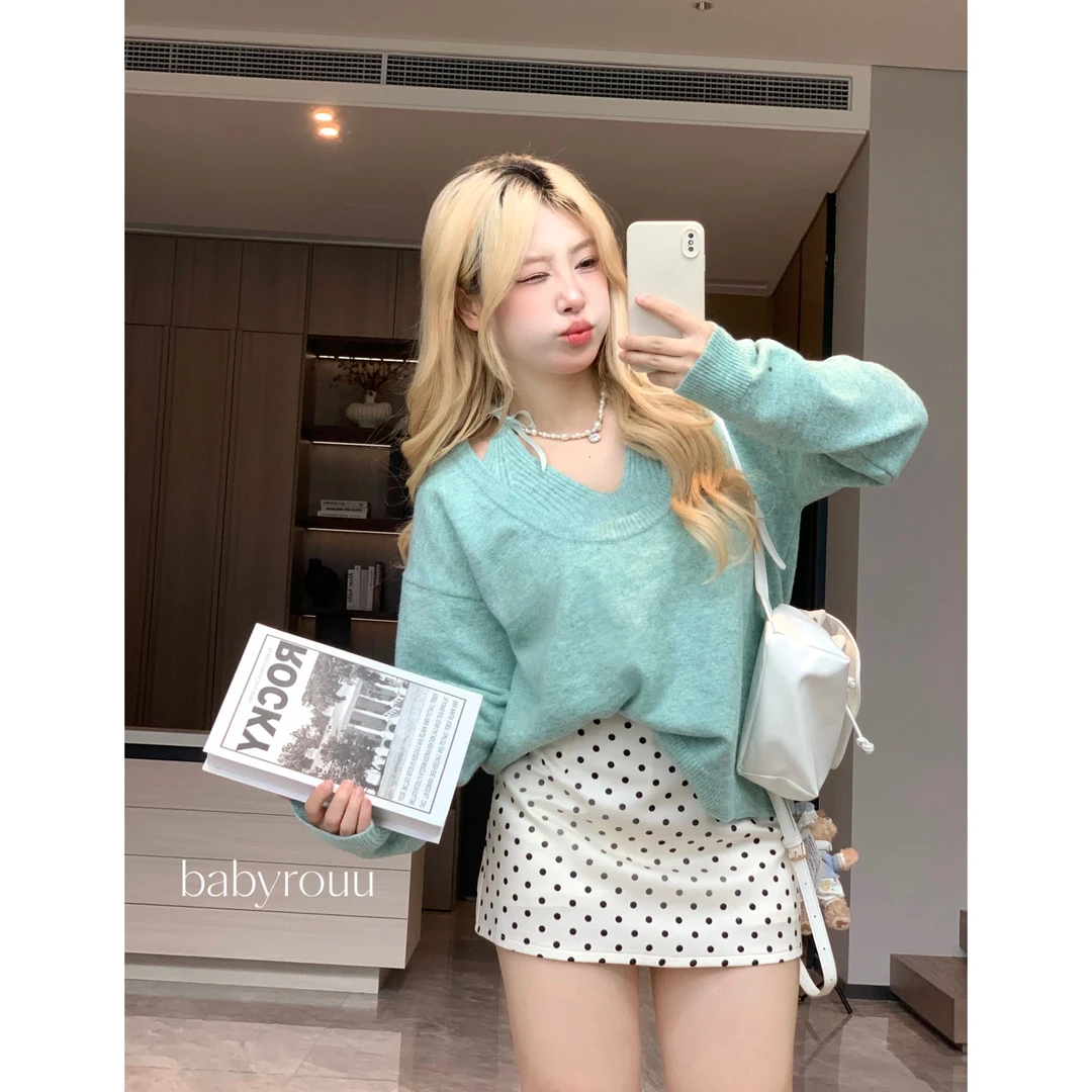 QGX怡866067【高智感姐姐-上衣】针织挂脖吊带毛衣波点半裙三件套