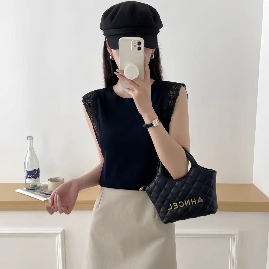 百搭休闲时尚气质圆领无袖宽松薄款蕾丝显瘦女背心打底夏季黑色