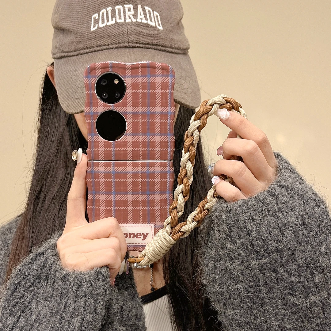 华为p50 pocket手机壳复古格纹挂绳保护套折叠屏时尚潮牌全包防摔