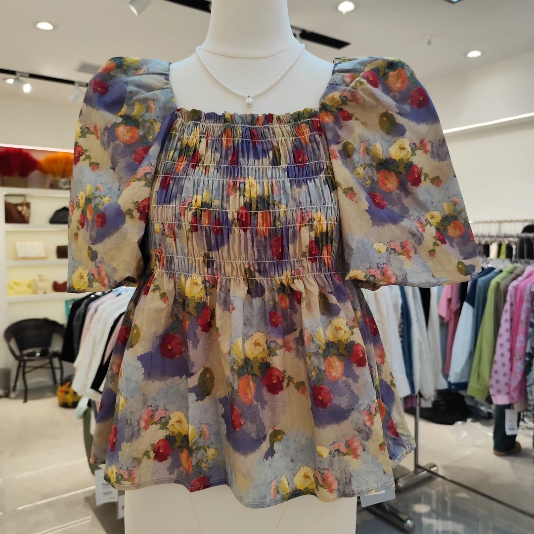 衬衫时尚上衣碎花夏季小衫雪纺衫泡泡袖