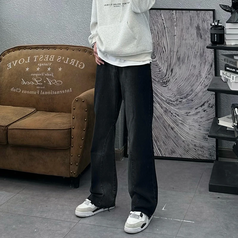 小贾自制黑色微喇水洗渐变牛仔裤休闲百搭复古潮流牛仔裤男士