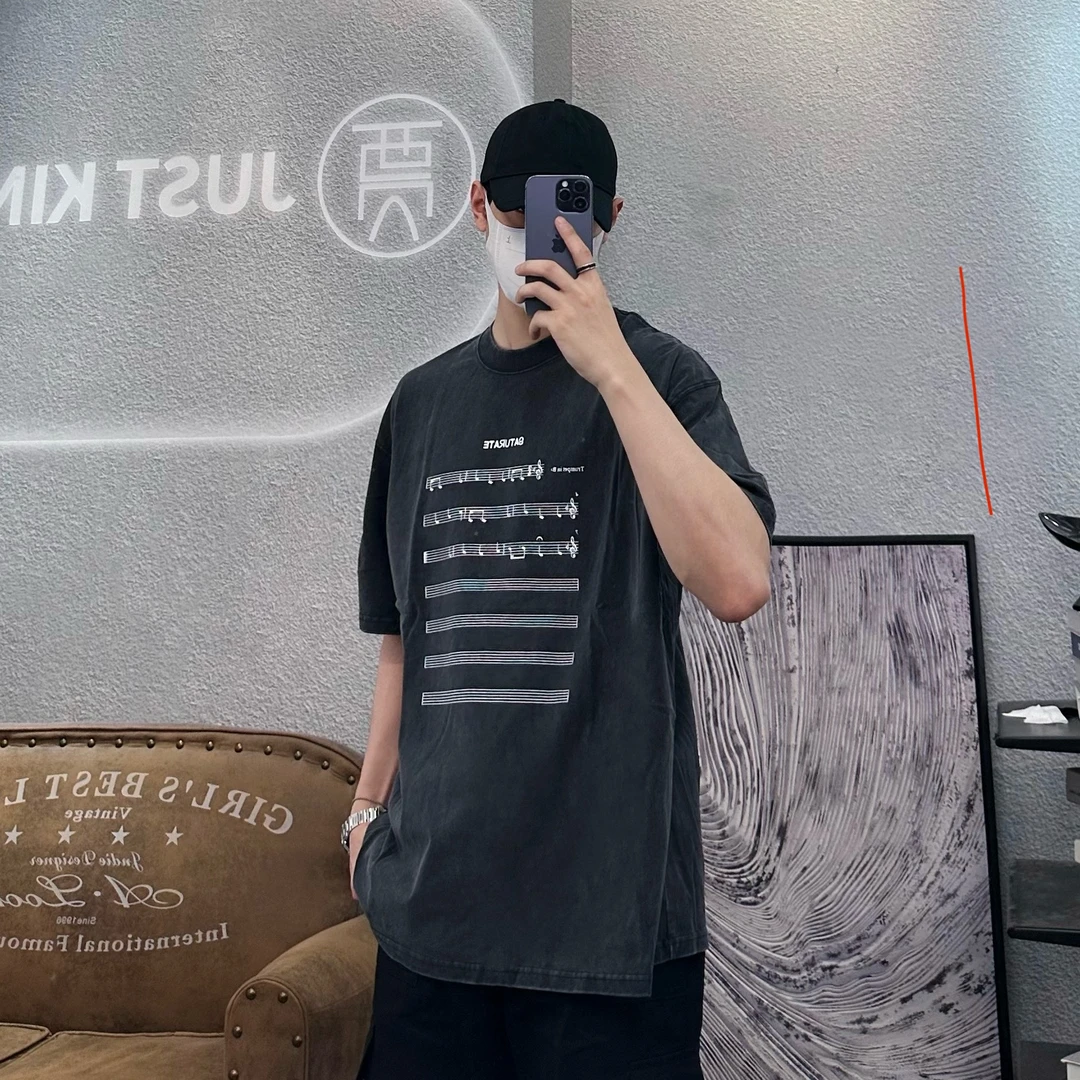 小贾自制美式复古乐谱印半袖花水洗重磅短袖男宽松潮流百搭情侣