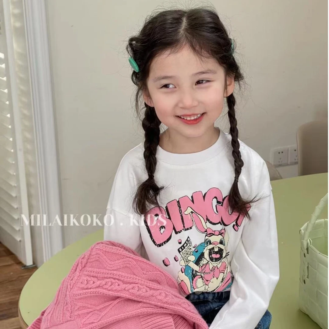 T恤儿童长袖女童白色印花洋气休闲女宝圆领百搭韩版宝宝大童秋季