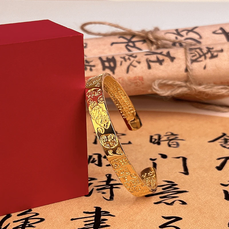 足银手镯 2吉言开口笑手镯2024新款亮面实心镯子时尚经典百搭金色