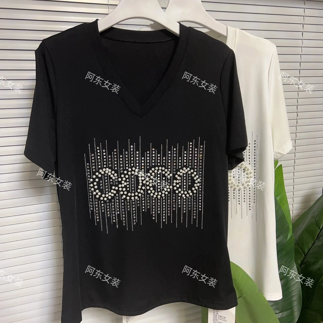 短袖百搭小众法式重工T恤钉珠镶钻设计感网红洋气