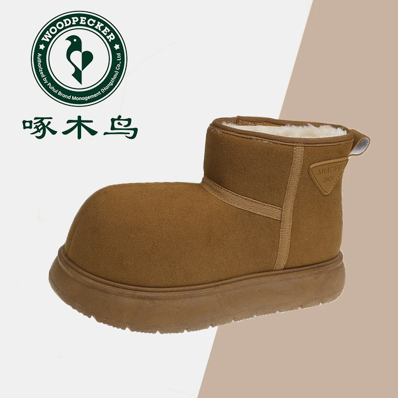 啄木鸟牛皮卡皮巴拉大头百搭雪地靴女鞋2024冬季新款加绒保暖厚底