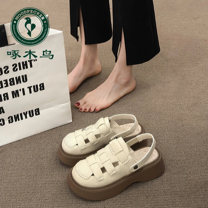 啄木鸟2024新款配裙子透气镂空罗马凉拖鞋厚底包头凉鞋时尚百搭