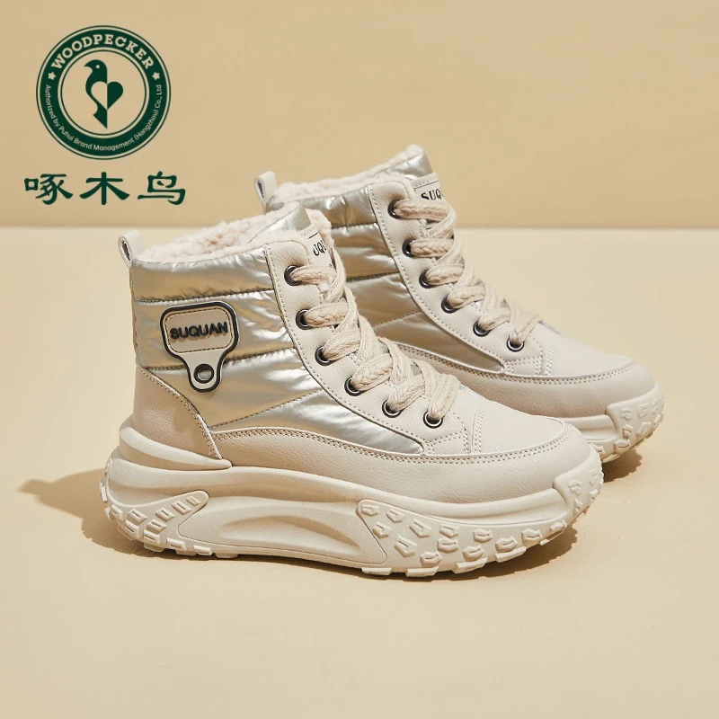 啄木鸟日系冬季增高雪地靴女加绒高帮潮保暖休闲棉鞋机车靴