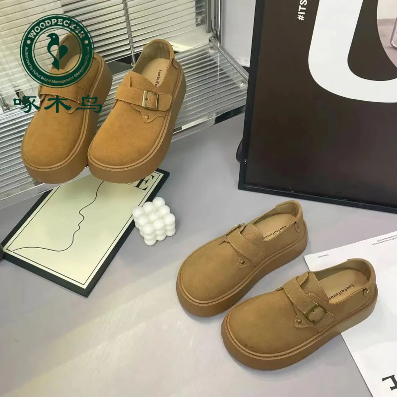 啄木鸟厚底4cm西部风铆钉侧面皮带扣厚底勃肯鞋秋复古休闲时尚鞋