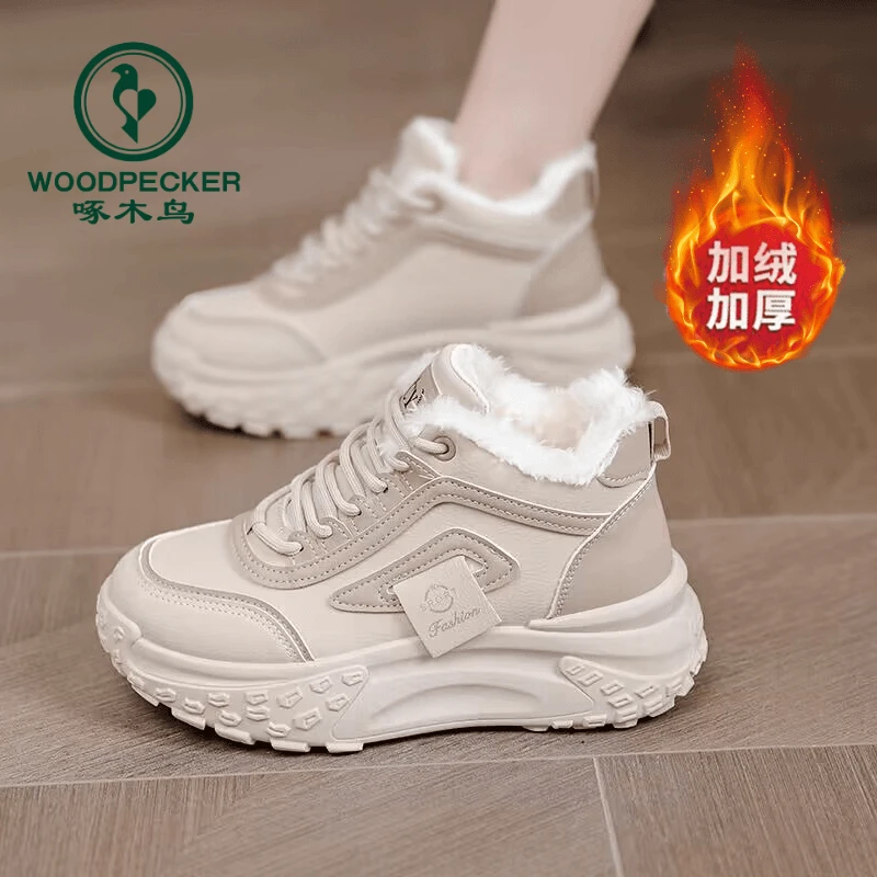 啄木鸟老爹鞋女2024年冬季厚底百搭软底加绒保暖高帮运动鞋棉鞋