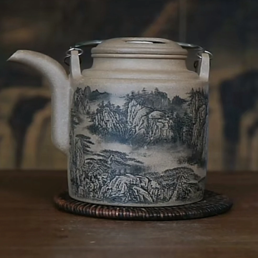 大洋桶紫砂壶 文人老段泥 金石刻绘:黄山烟云 650毫升