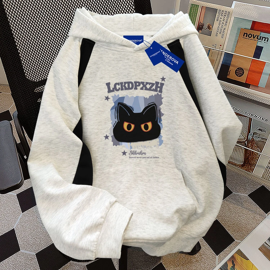 韩版复古百搭高街字母2024新款拼接连帽卫衣女秋冬加绒简约女上衣