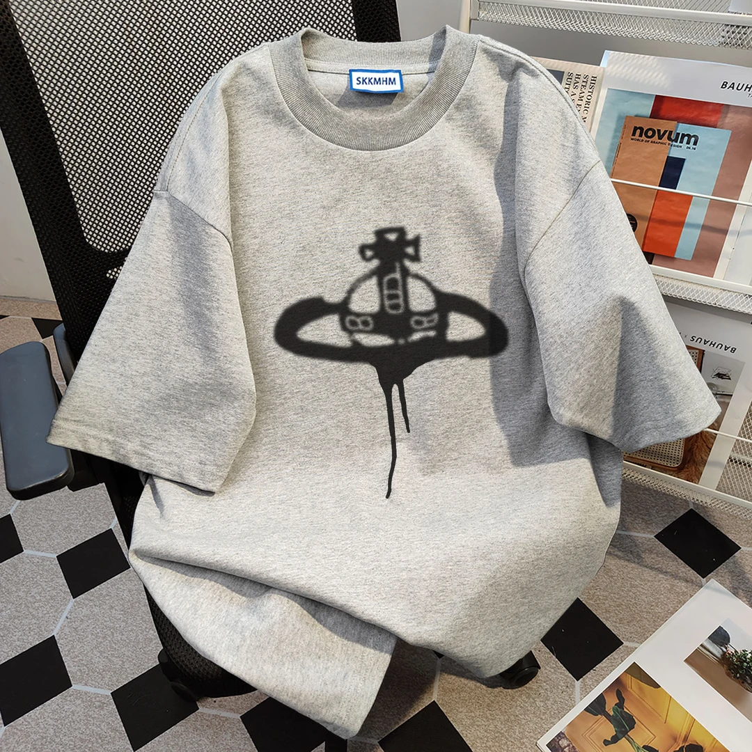 100%纯棉夏季小众设计感美式高街印花潮牌宽松休闲短袖t恤上衣ins