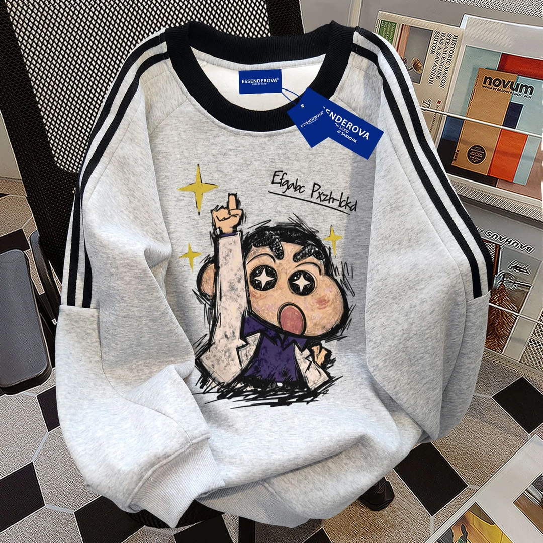 韩版慵懒小众印花三条杠圆领卫衣秋冬潮牌加绒休闲男女款上衣ins