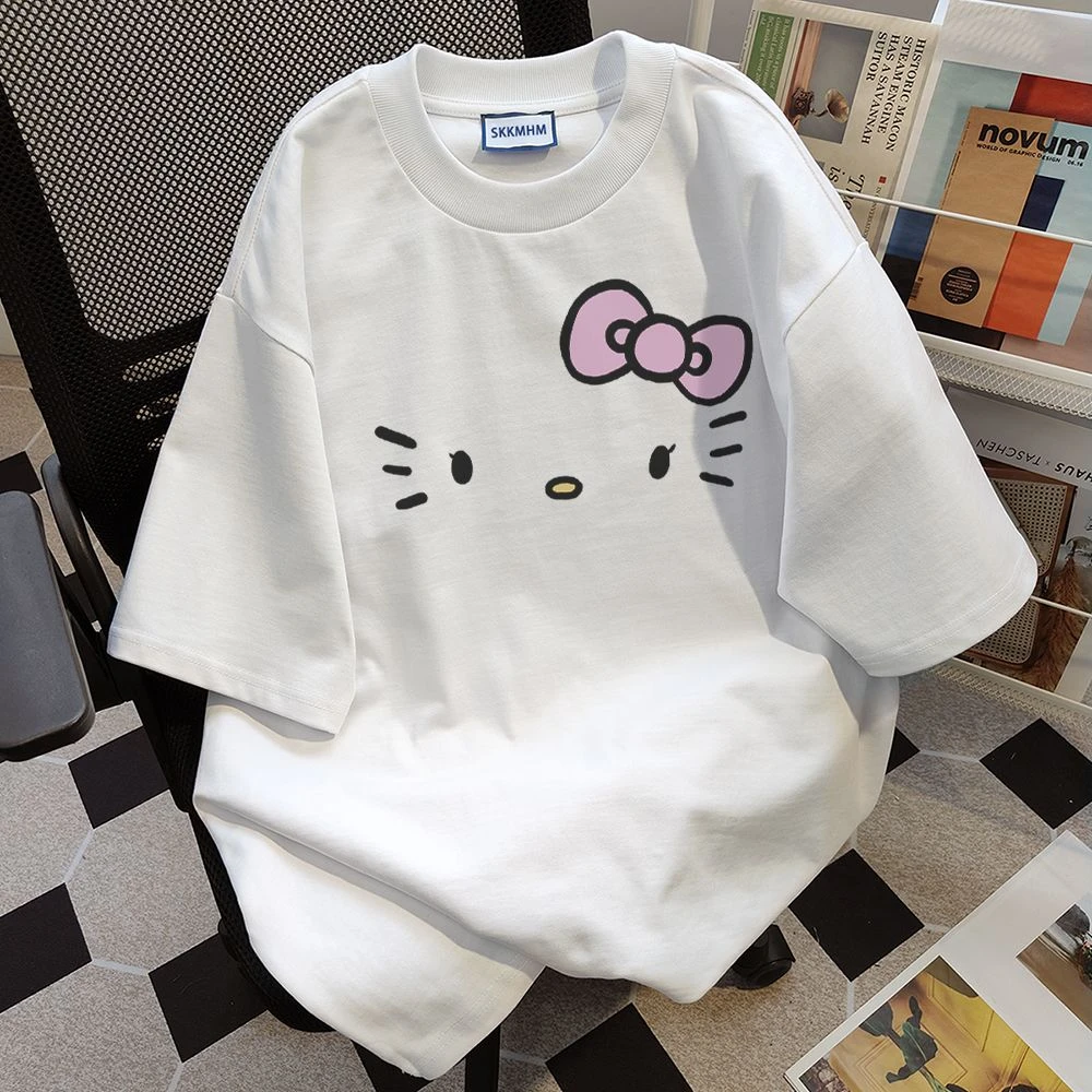 100%纯棉甜美学院风Kitty猫夏季oversize宽松小众白色短袖上衣女
