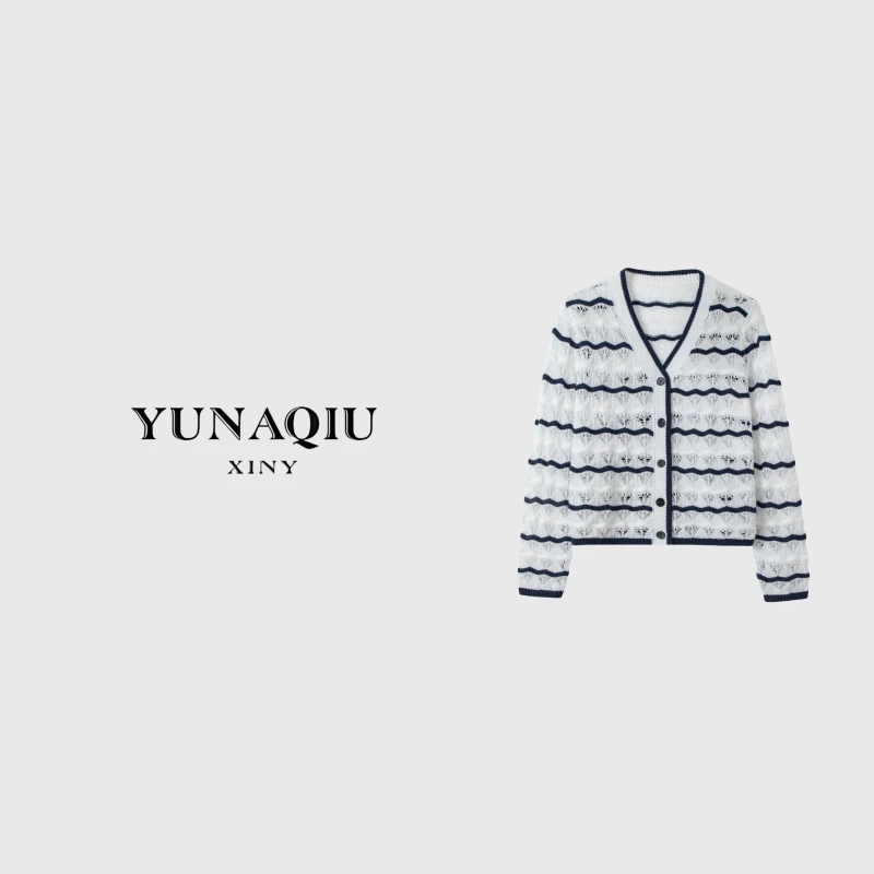 YUNAQIU 新款波浪条纹毛织开衫上衣-8463