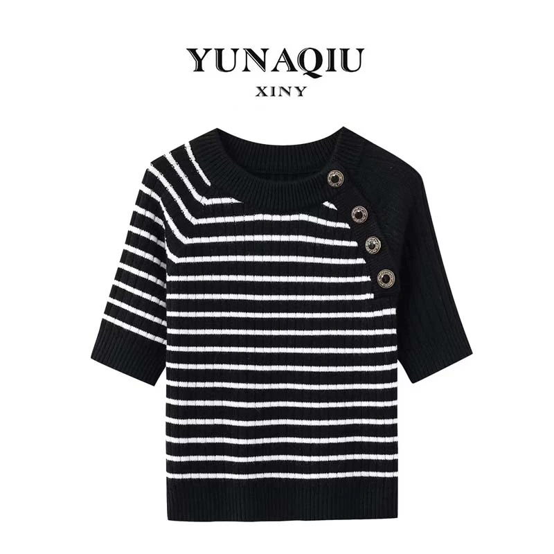 YUNAQIU时尚气质百搭条纹针织衫休闲设计感显瘦圆领套头上衣-5683