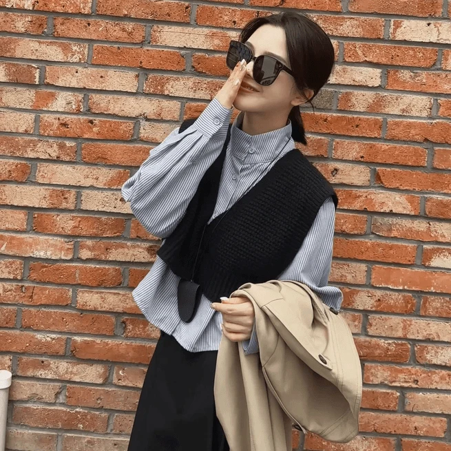 【三七九专属】【真两件套】7358秋季宽松显瘦时尚外穿针织衬衫套装L