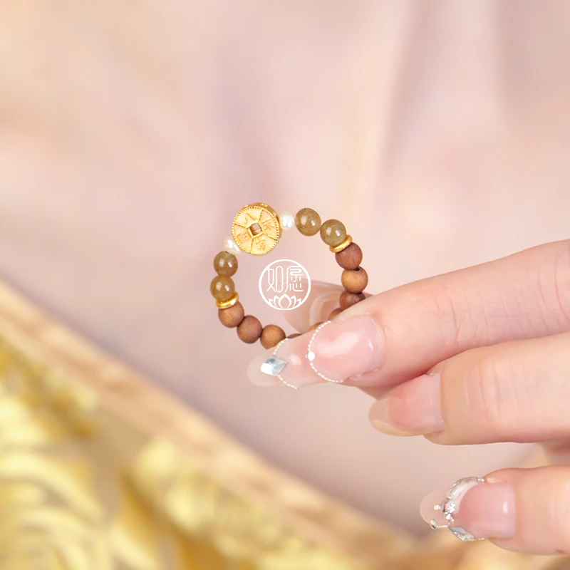 印度正宗上等檀香木天然和田玉糖玉淡水珍珠戒指女款精美国风女士