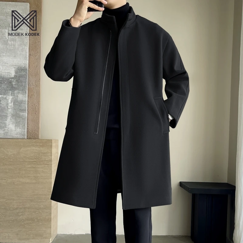MODEK KODEK秋冬季时尚立领拉链设计加厚毛呢大衣男纯色风衣外套