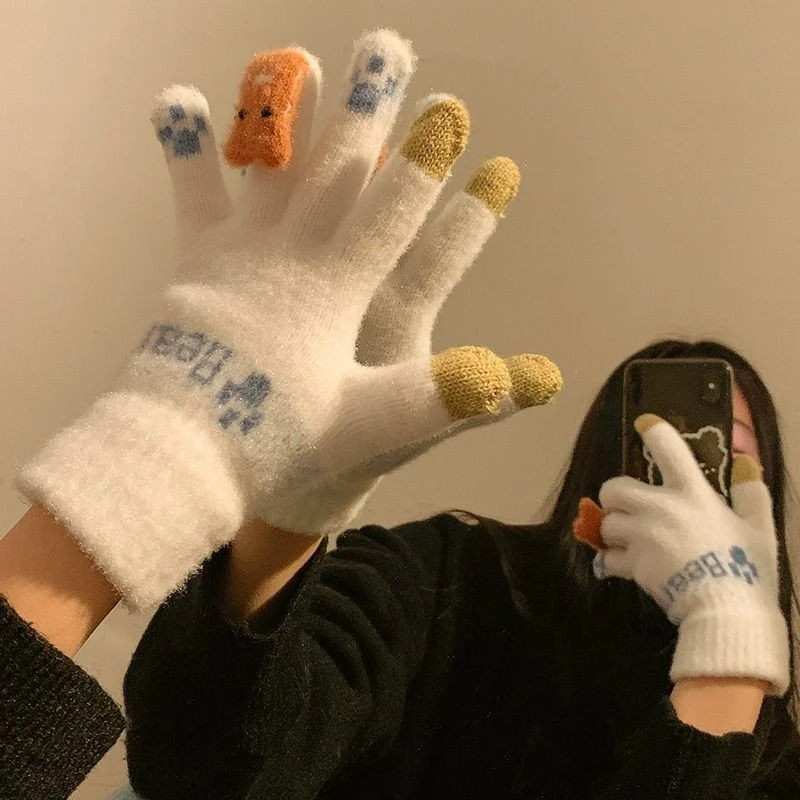触屏手套女士冬季新款可爱加厚保暖学生韩版防寒毛线骑行针织半指