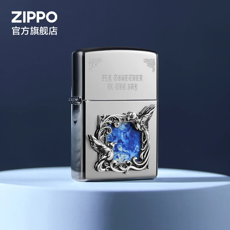 ZIPPO正品打火机比翼鸟礼盒装爱情纪念银个性防风送男友生日礼物