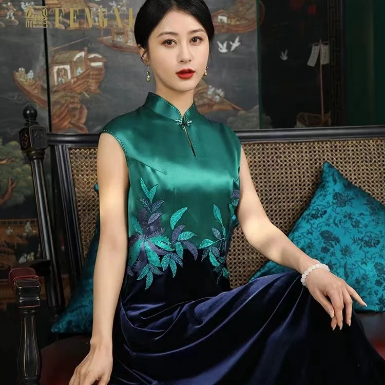旗袍婚庆宴会A摆宽松醋缎丝绒拼接刺绣贴花婚礼妈妈晚礼服裙