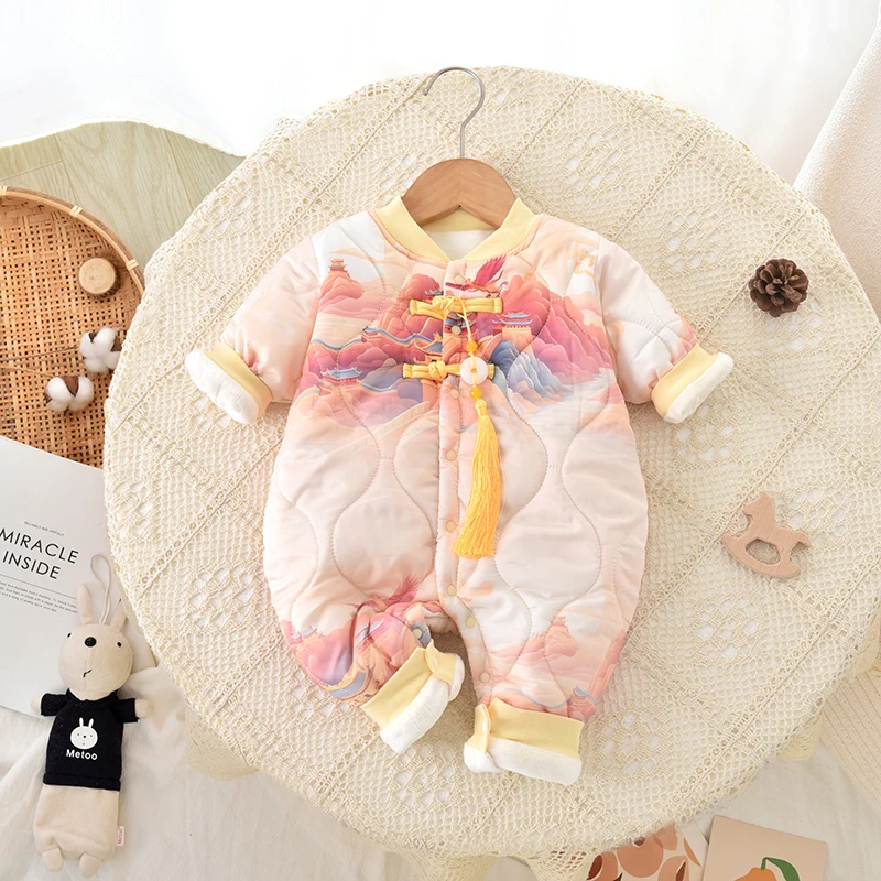 国风婴儿连体衣加棉加厚秋冬季宝宝衣服潮流棉衣过年外出