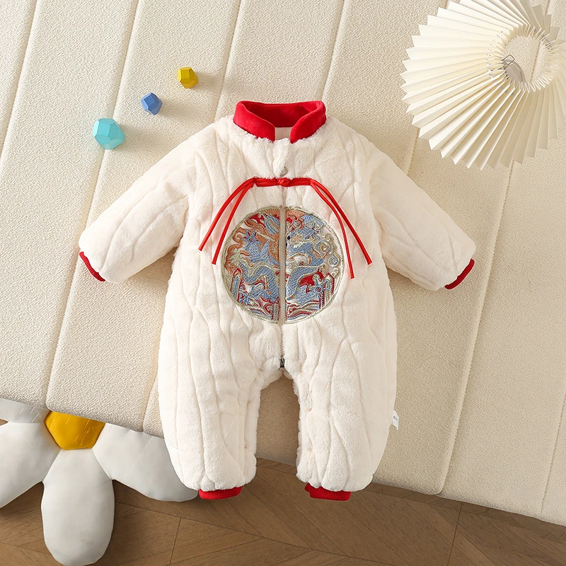 婴儿冬季保暖加厚拜年服宝宝中国风立领兔毛可爱中式外出连体哈衣