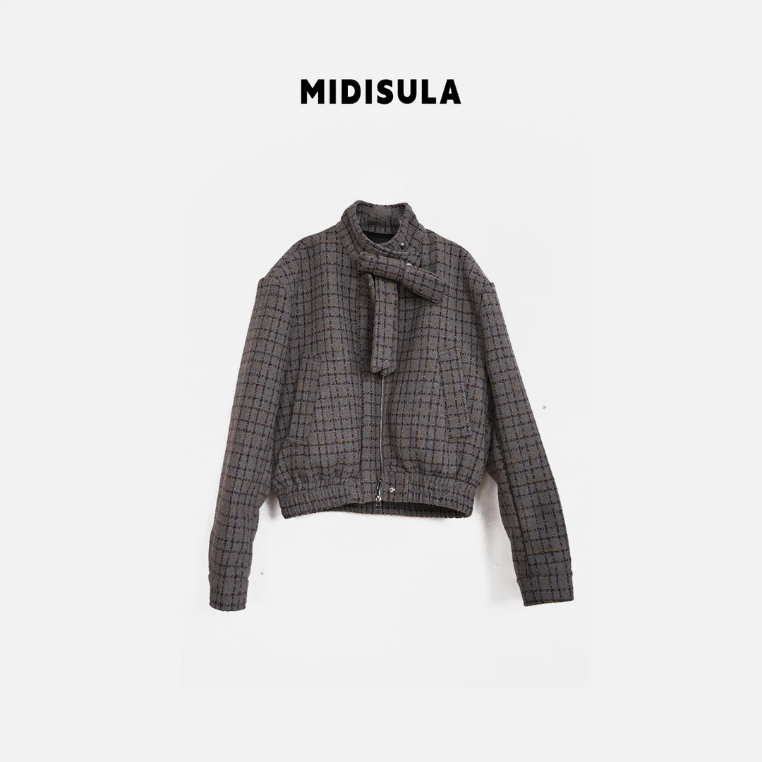 【H.MDSL】新款小香风夹克蝴蝶结立领格子纹白鸭绒毛呢外套#2099