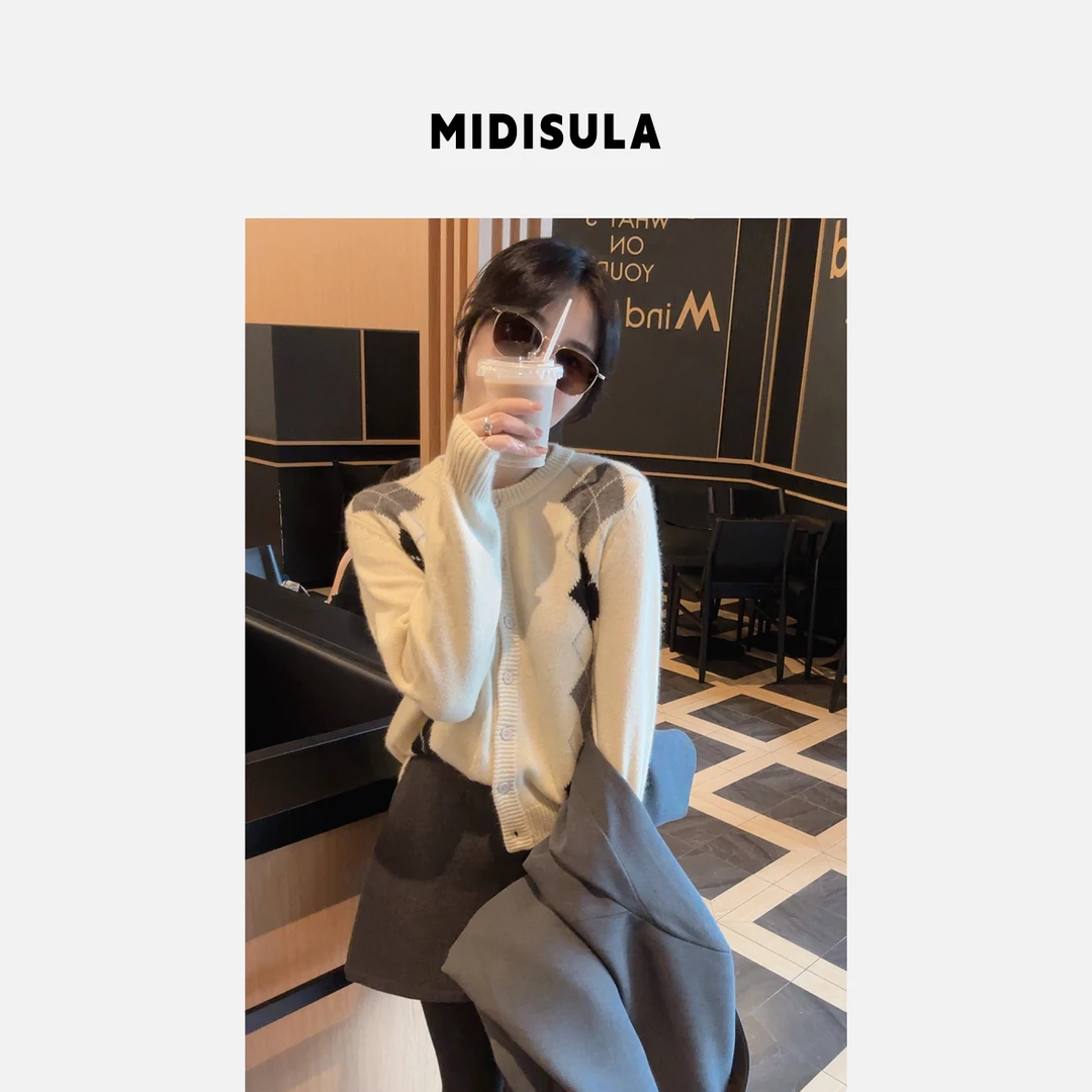 【H.MDSL】复古撞色菱形纹针织开衫新款上衣毛衣外套#1647