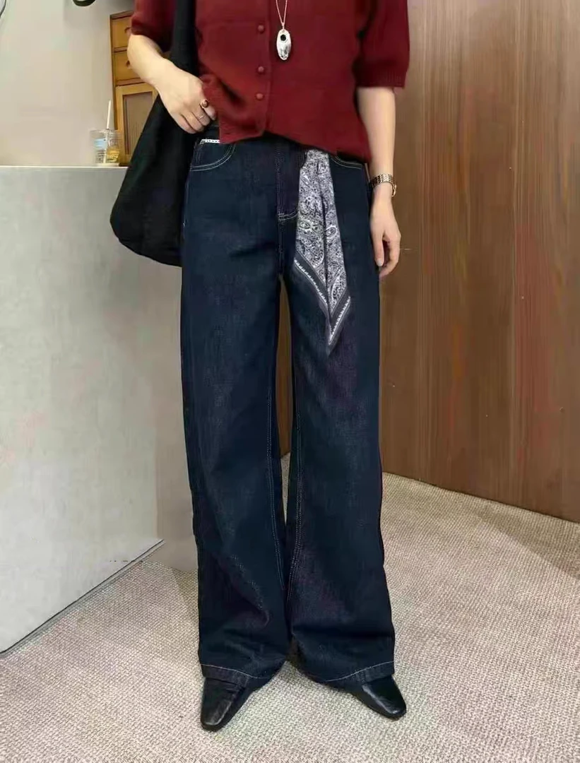 蜜地苏拉&5420新款牛仔裤秋季新款高腰口袋虚线牛仔裤阔腿裤直筒