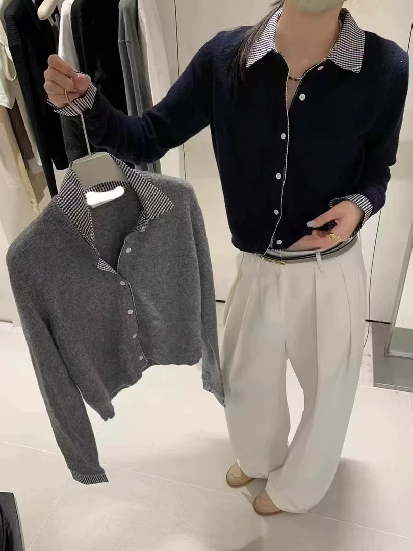 蜜地苏拉&5520新款羊毛衫衬衫领拼接针织开衫女显瘦假两件毛衣