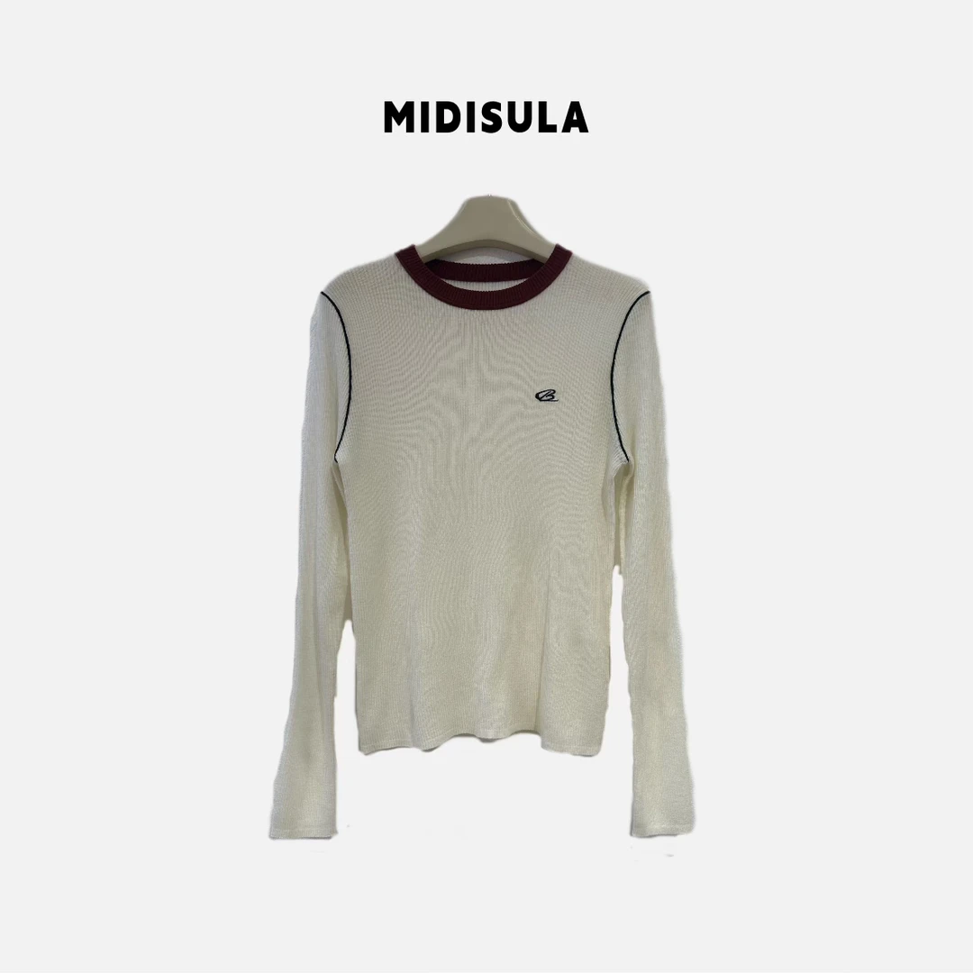 蜜地苏拉&5199新款羊毛衫b字母领拼色简约款时尚肩线毛衣