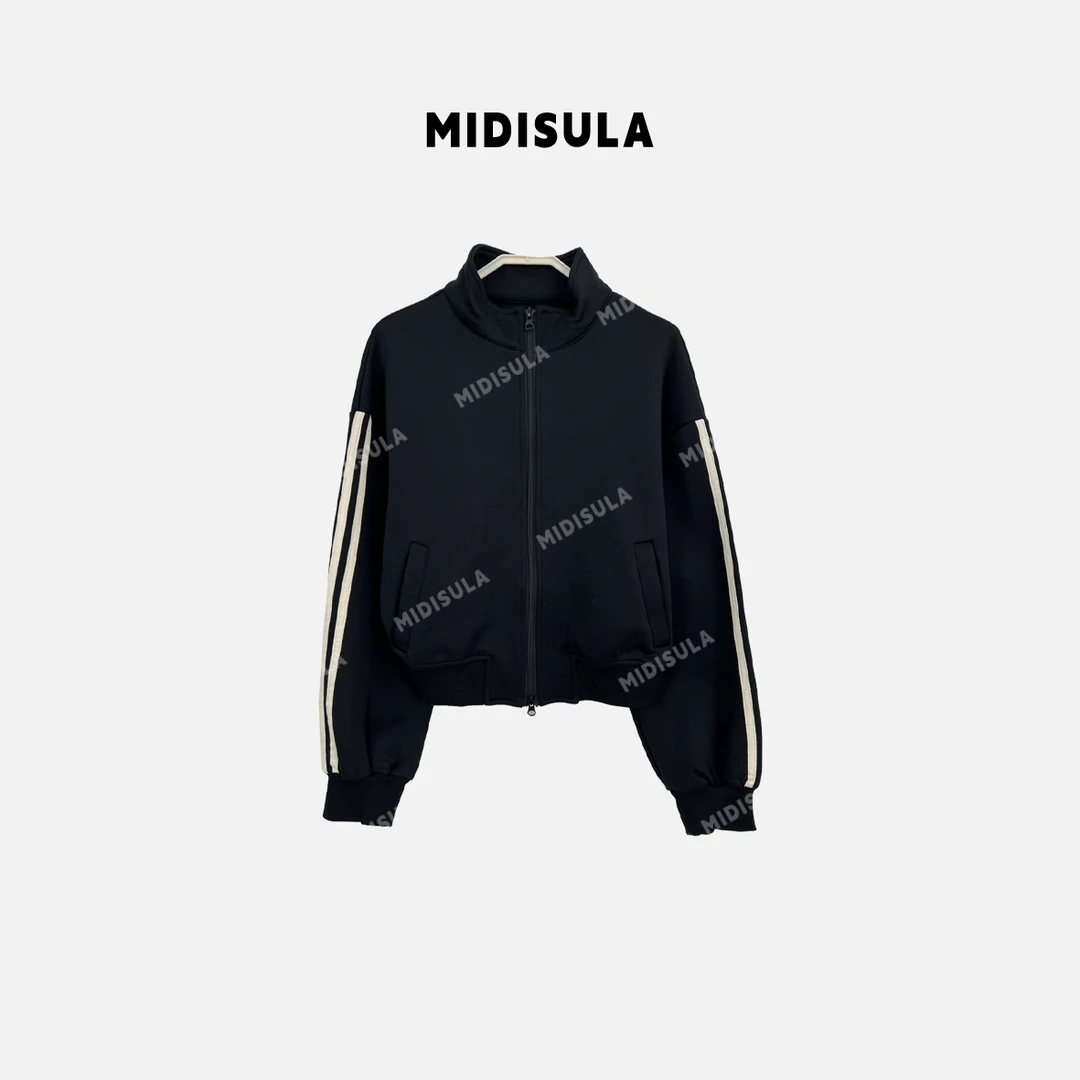 【H.MDSL】立领开衫卫衣秋新款条纹袖三杠长袖双拉链短外套#1606