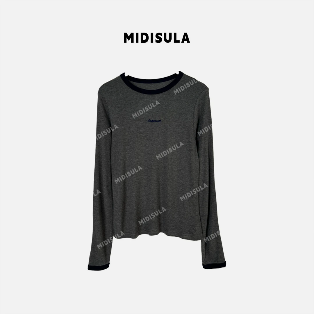 【H.MDSL】柔软舒适磨毛针织打底衫撞色领拼色刺绣happ字母T恤#1334