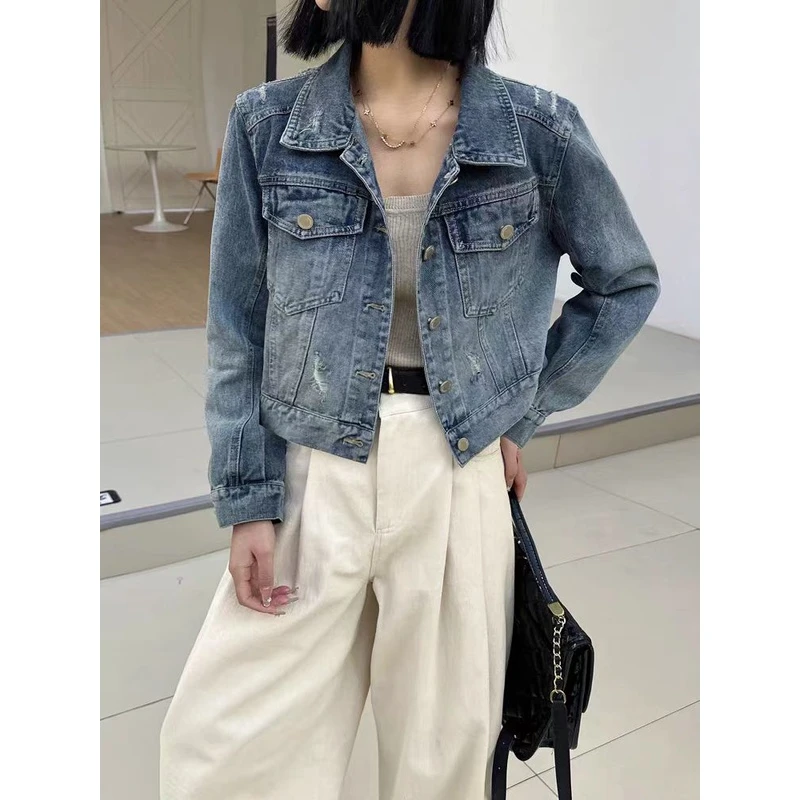 蜜地苏拉&新款牛仔外套肩破洞上衣#3015