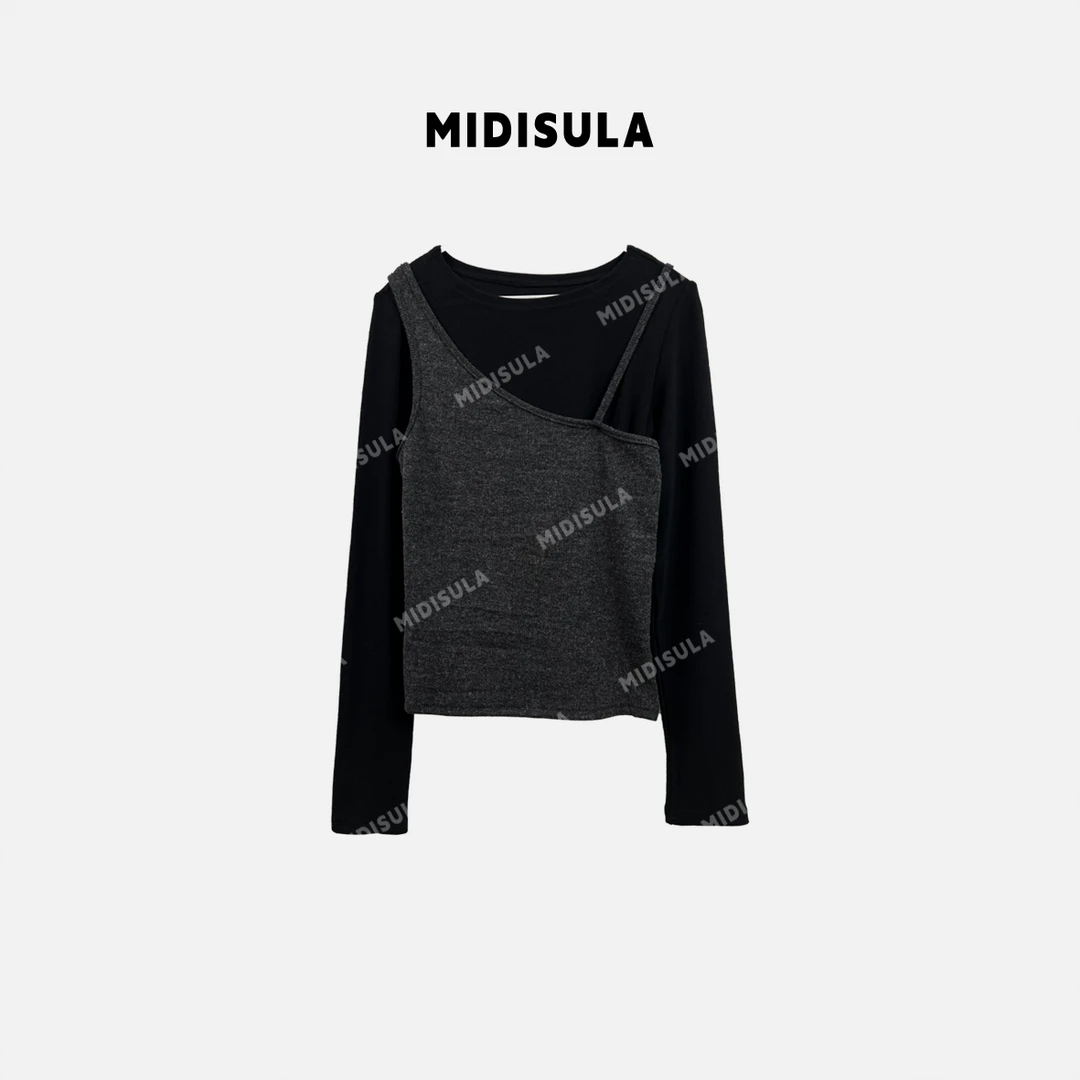 【H.MDSL】新款撞色拼接假两件长袖T恤百搭打底上衣#1882