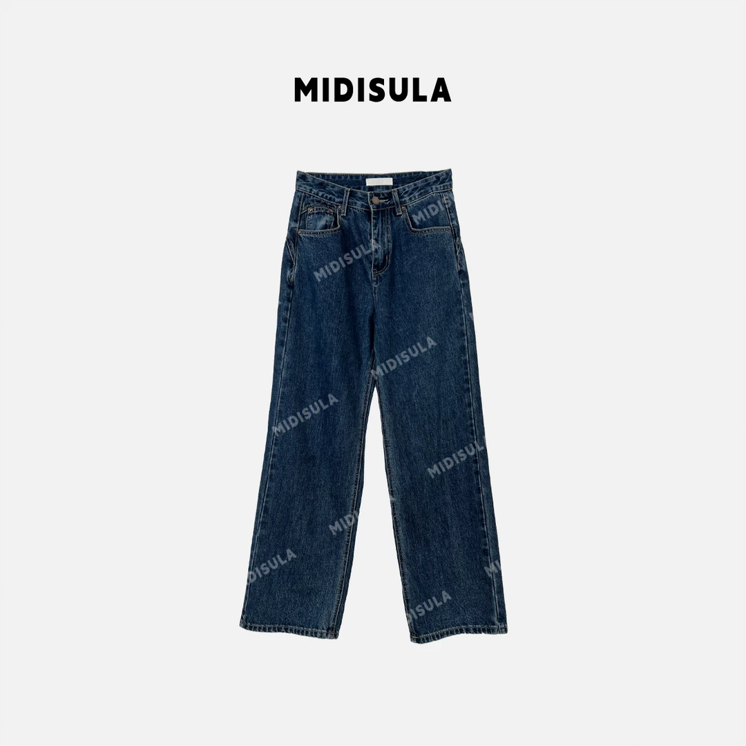 【H.MDSL】秋季新款口袋不规则牛仔裤直筒宽松高腰加绒阔腿裤#1390