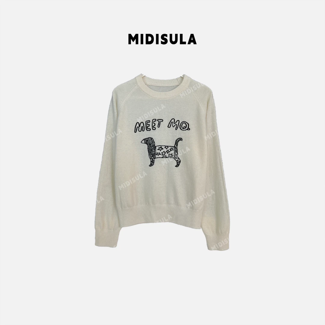 【H.MDSL】字母卡通小狗刺绣圆领长袖套头毛针织衫上衣#1579