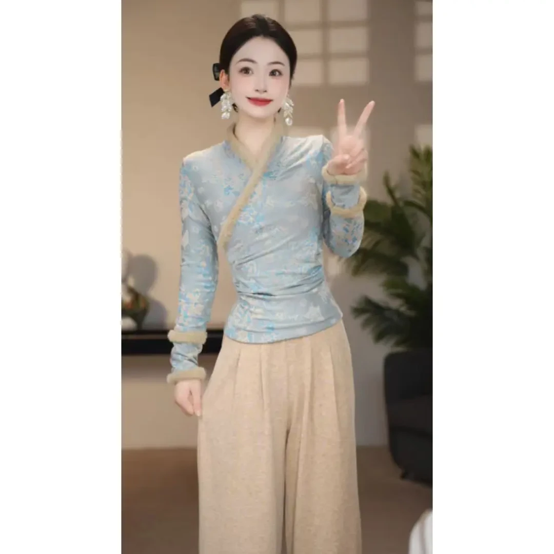 蓝芯加棉新中式上衣复古民族风时尚唐装ins打底中国风长袖气质